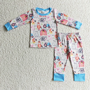 Farm Animals Gray Blue Boys Long Sleeve Pajamas