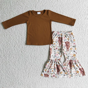 Highland Cow Floral Solid Brown Girls Long Sleeve+Trousers Sets