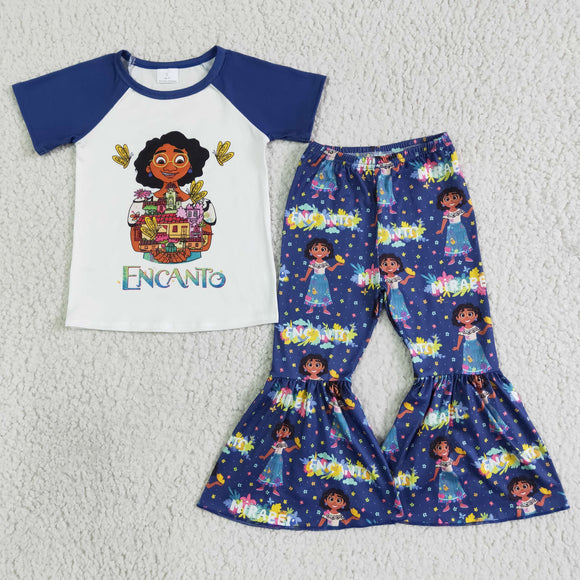 Promotional Cartoon Blue White Girls Short Sleeve+Trousers Sets