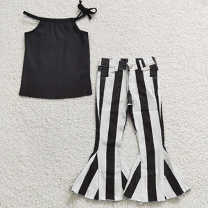 Solid Black White Stripe Jeans Girls Short Sleeve+Trousers Sets