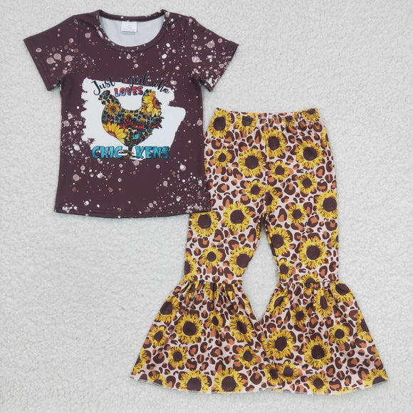 Love Chickens Brown Sunflower Girls Short Sleeve+Trousers Sets