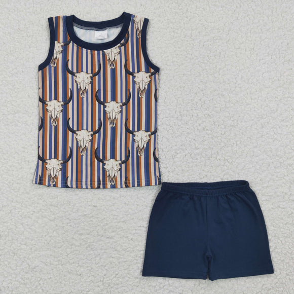 Aztec Highland Cow Navy Brown Stripe Boys Shorts Sets