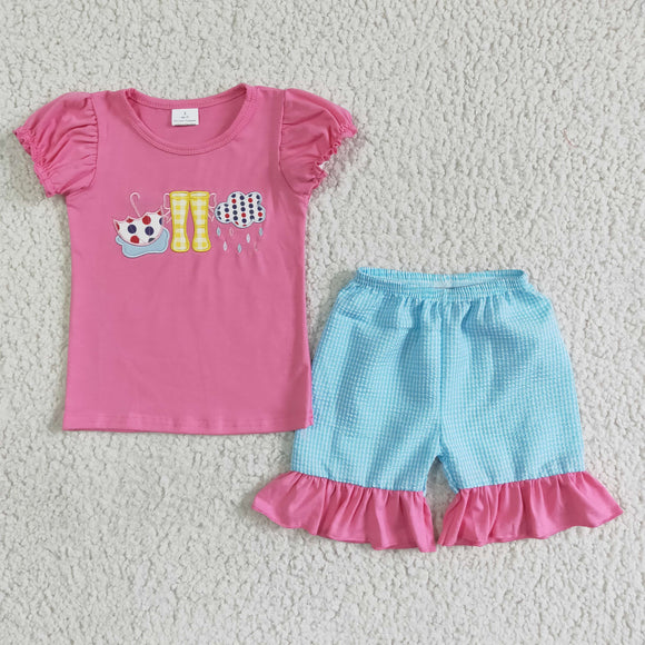 Promotional Umbrella Rain Boots Embroidery Girls Shorts Sets