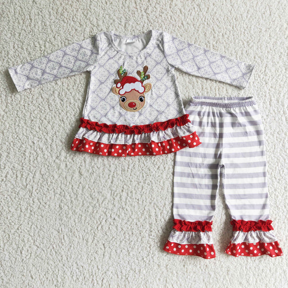 Reindeer Embroidery Girls Christmas Outfits