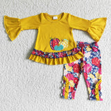 Promotional Three Pumpkins Embroidery Floral Legging Yellow Girls Long Sleeve+Trousers Sets