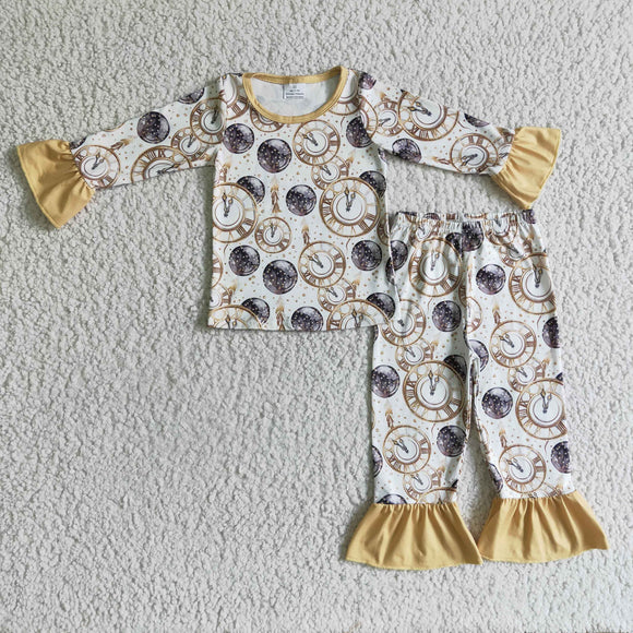 Countdown Gold White New Year Girls Long Sleeve Pajamas