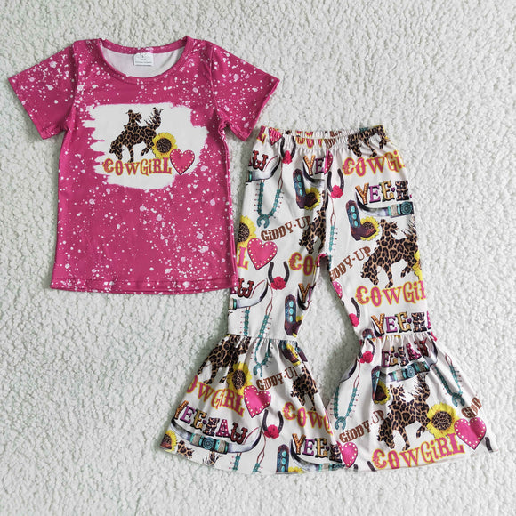 Promotional Cowgirl Hot Pink Girls Short Sleeve+Trousers Sets