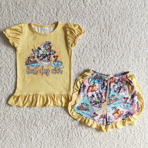Promotional Cartoon Best Day Ever Yellow Girls Shorts Sets