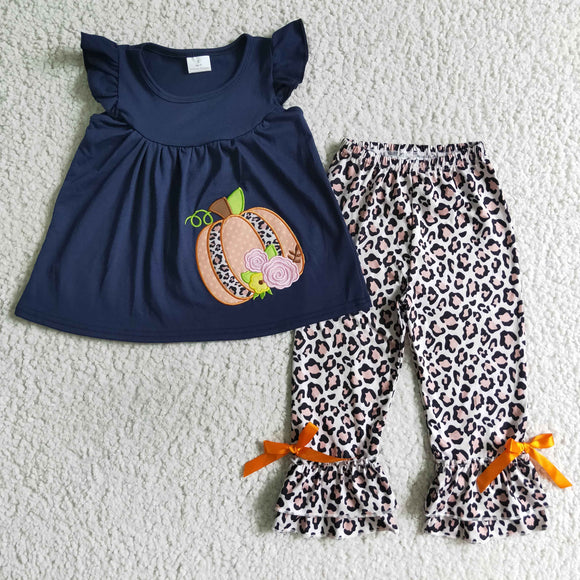 Pumpkin Floral Navy Leopard Girls Short Sleeve+Trousers Sets