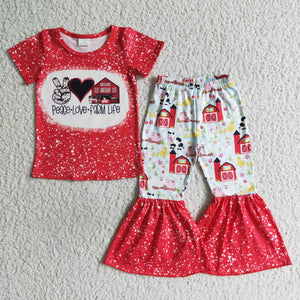 Promotional Farmlife Red House Girls Short Sleeve+Trousers Sets