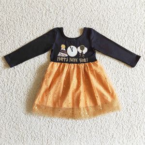 Promotional Happy New Year Balloon Gold Sequins Gauze Black Girls Long Sleeve Dress