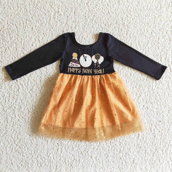 Promotional Happy New Year Balloon Gold Sequins Gauze Black Girls Long Sleeve Dress