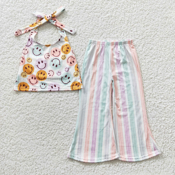 Smile Stripe Banded White Girls Short Sleeve+Trousers Sets