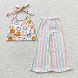 Smile Stripe Banded White Girls Short Sleeve+Trousers Sets