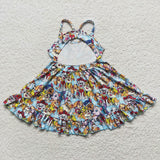 Cartoon Dogs Sky Blue Girls Sleeveless Dress