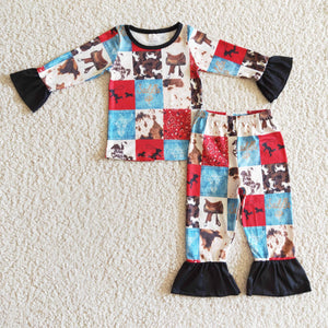 Saddle up Red Blue Plaid Girls Christmas Pajamas
