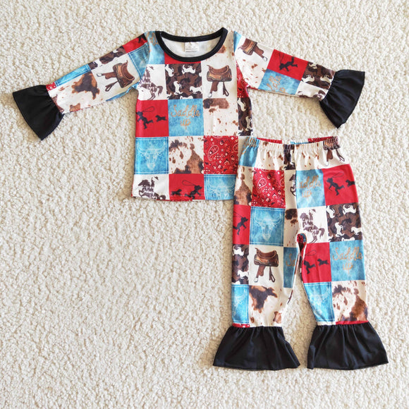 Saddle up Red Blue Plaid Girls Christmas Pajamas