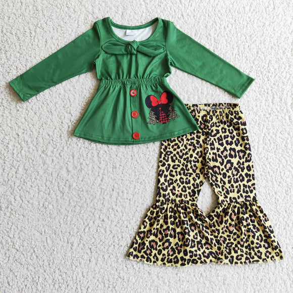 Cartoon Leopad Print Green Bow Girls Christmas Outfits