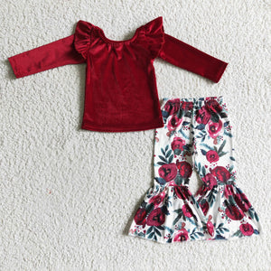 Red Velvet Floral Print Girls Long Sleeve+Trousers Sets