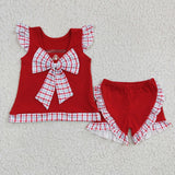 Crab Embroidery Plaid Red Girls Shorts Sets