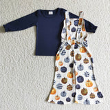 Navy Top Pumpkin Girls Overalls Sets