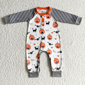 Pumpkin Black Stripes Boys Halloween Romper