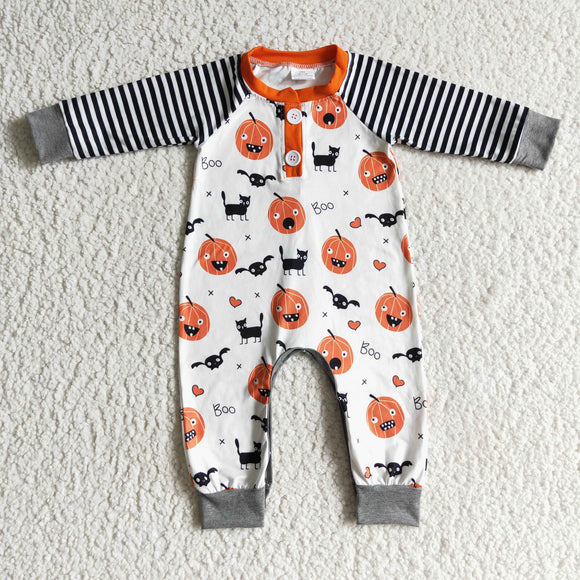 Pumpkin Black Stripes Boys Halloween Romper