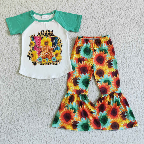 Promotional Sunflower Green Girls Short Sleeve+Trousers Sets