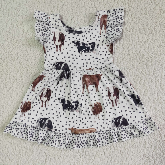 Promotional Cow Polka Dots White Girls Flutter Sleeve Dress