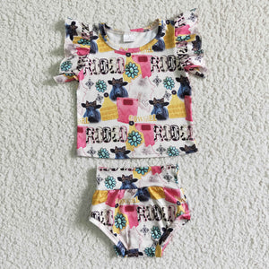 Rodeo Cowgirl Cow Pink Girls Bummies Sets