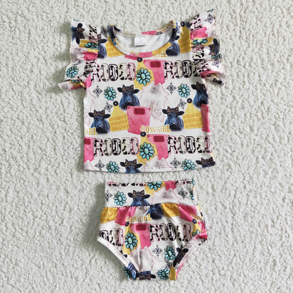 Rodeo Cowgirl Cow Pink Girls Bummies Sets