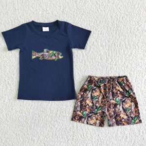 Promotional Camo Fishing Navy Boys Shorts Sets