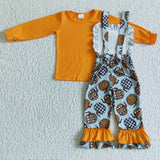 Orange Top Pumpkin Print Girls Overalls Sets