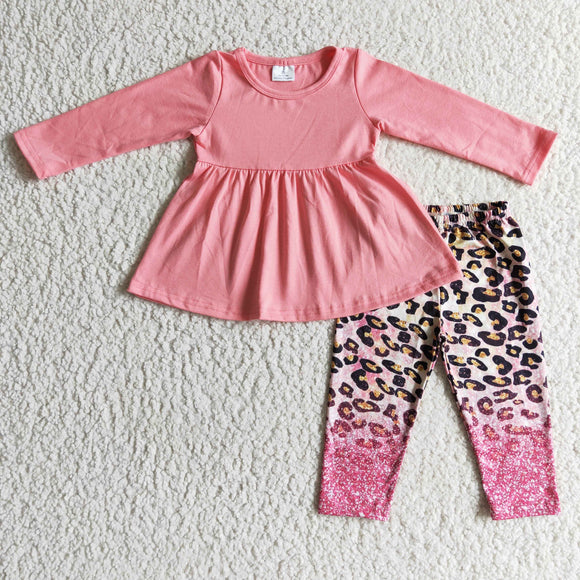 Promotional Solid Pink Leopard Print Legging Girls Long Sleeve+Trousers Sets