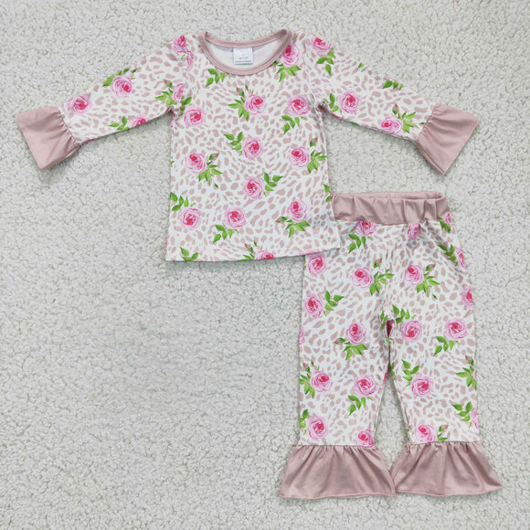 Rose Floral Leopard Print Pink Girls Valentine Pajamas