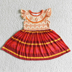 Promotional Cartoon Orange Red Girls Flutter Sleeve Dress