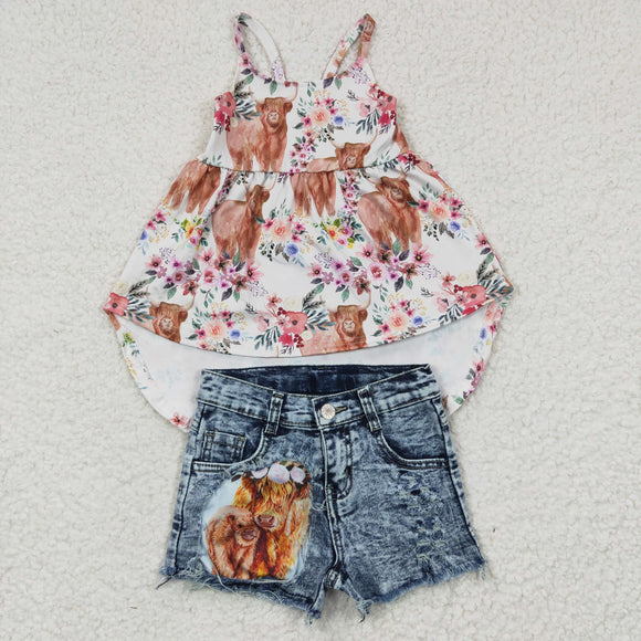 Highland Cow Floral Distressed Jeans Girls Shorts Sets