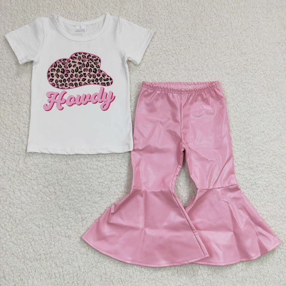 Howdy Hat White Pink Leather Girls Short Sleeve+Trousers Sets