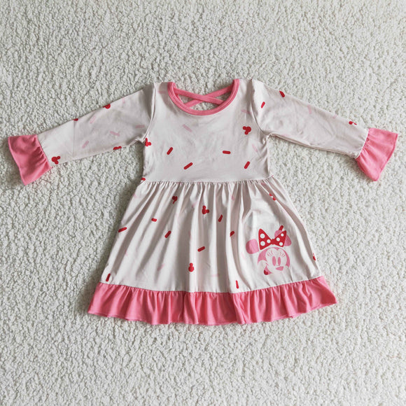 Promotional Cartoon Pink Criss-Cross Girls Long Sleeve Dress