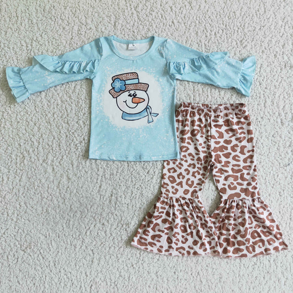 Promotional Snowman Leopard Print Sky Blue Girls Christmas Outfits