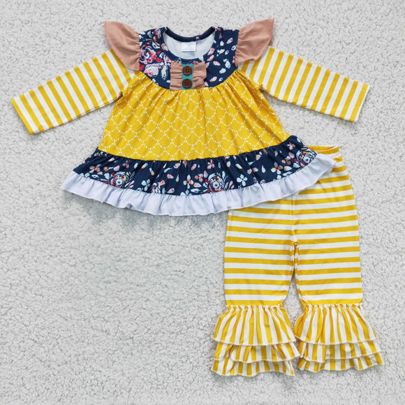 Promotional Floral Yellow Stripes Girls Long Sleeve+Trousers Sets