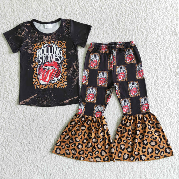 Promotional Music Leopard Print Black Girls Short Sleeve+Trousers Sets