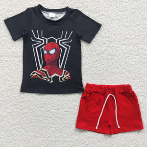 Cartoon Spiderman Black Red Boys Shorts Sets