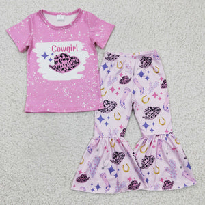 Cowgirl Hat Pink Girls Short Sleeve+Trousers Sets