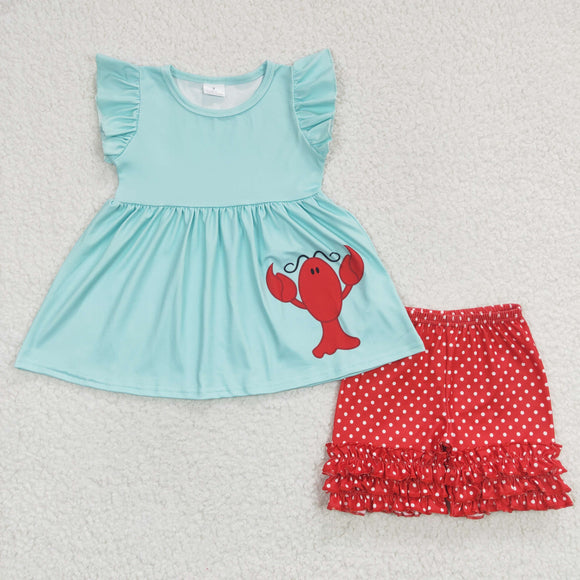 Promotional Crawfish Polka Dots Red Sky Blue Girls Shorts Sets