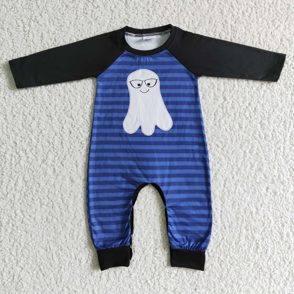 Ghost Blue Stripe Black Boys Halloween Romper