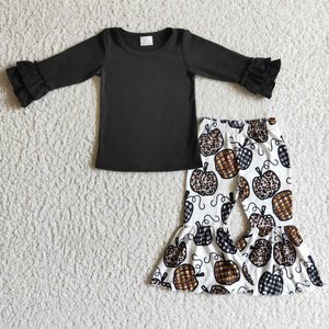 Pumpkin Solid Black Girls Long Sleeve+Trousers Sets