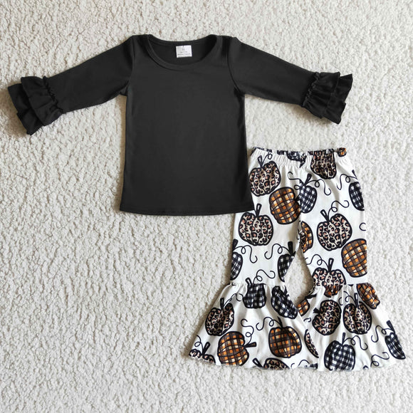 Pumpkin Solid Black Girls Long Sleeve+Trousers Sets