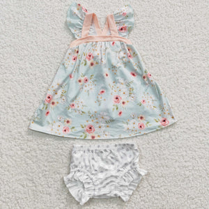 Floral Bluish Polka Dots Girls Bummies Sets