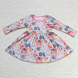 Promotional Farm Animals Gray Pink Girls Long Sleeve Dress